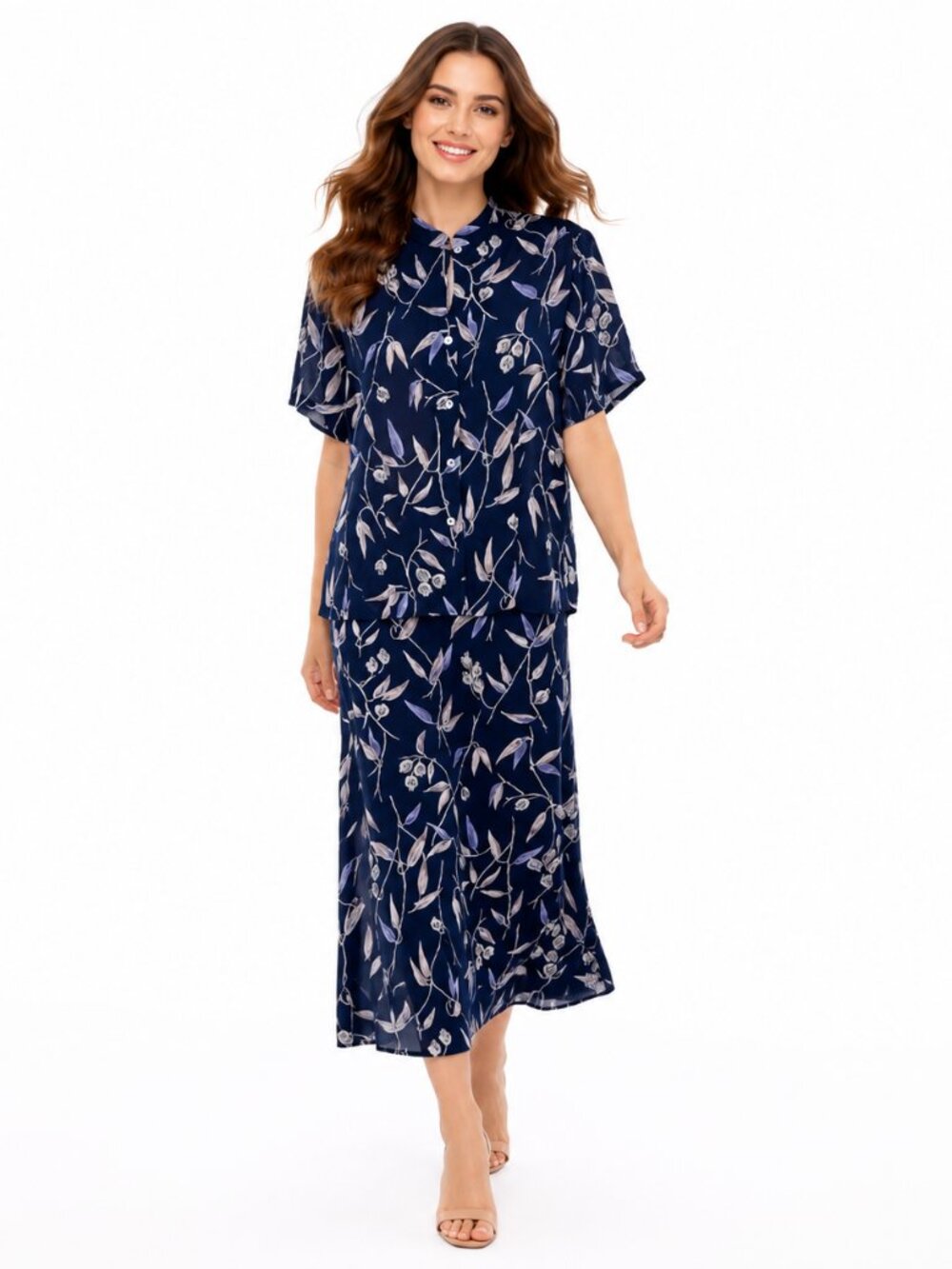 Pendleton Midi Skirt Suit Size 10 Lightweight Floral Navy Button Front Blouse